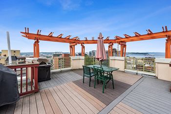 Roof deck with views of downtown seattle and elliot bay